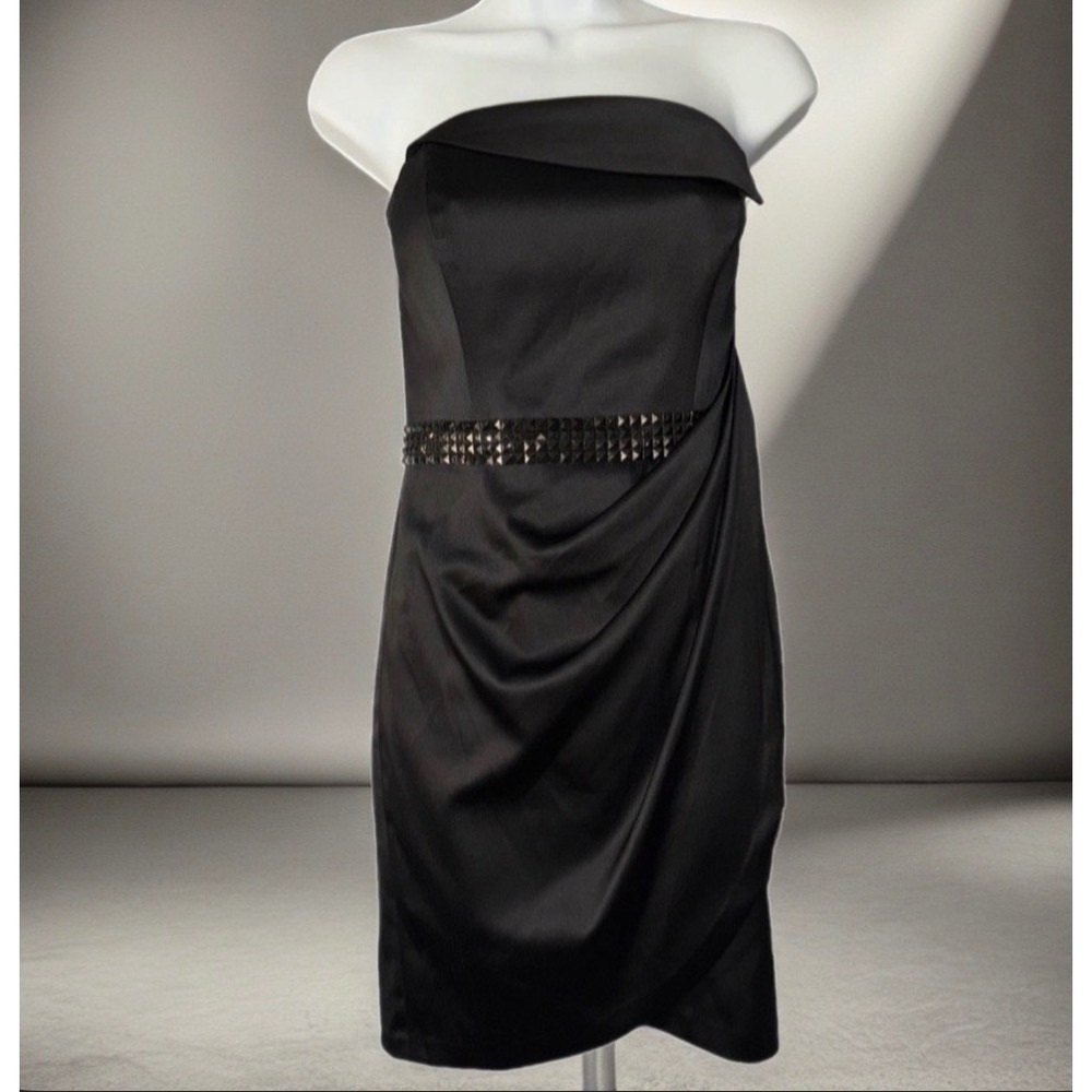 Cache Strapless Cocktail Dress Women 2 Black Studded Waist Satin Sheath